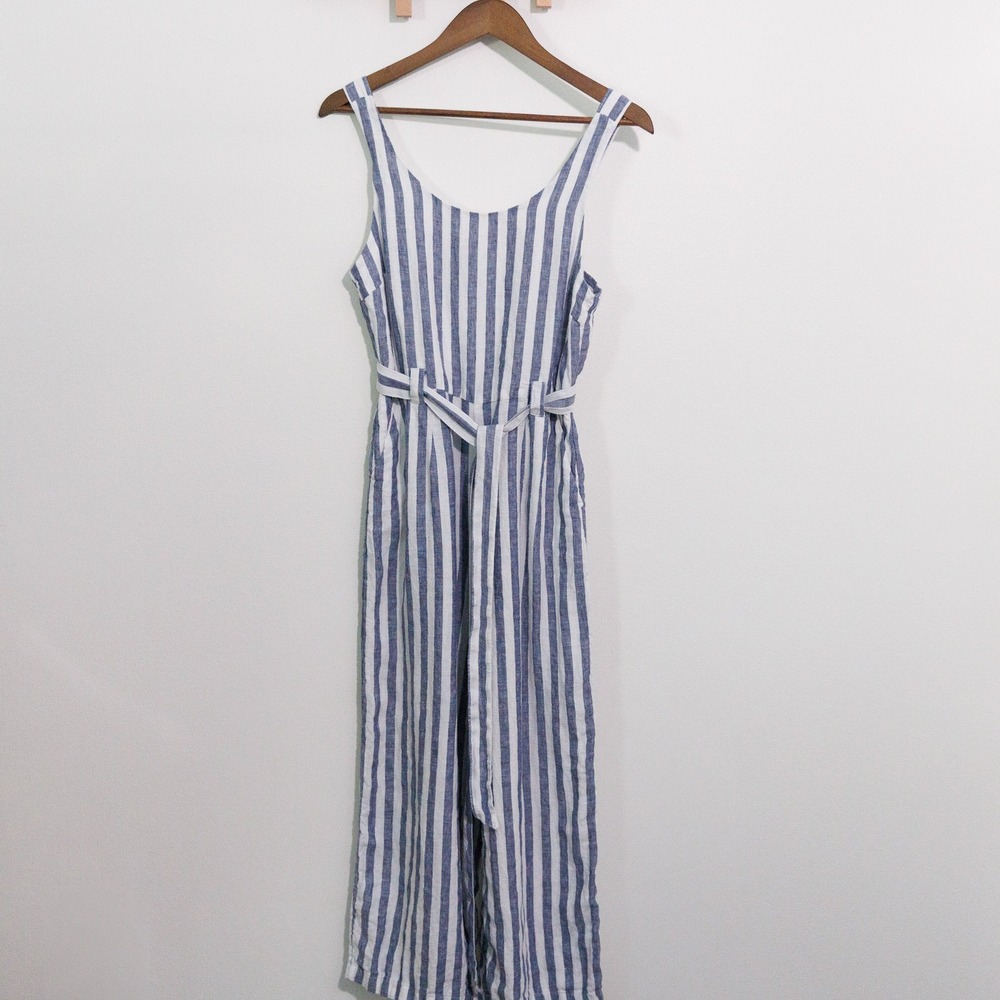 Rachel Zoe Blue White Striped Linen Wide Leg Jumpsuit Size 4 Belted Sleeveless